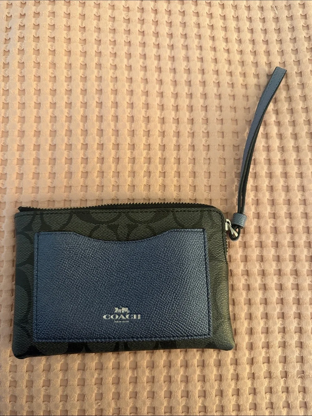 Coach Black Signature Canvas Wristlet with Navy Card Pocket